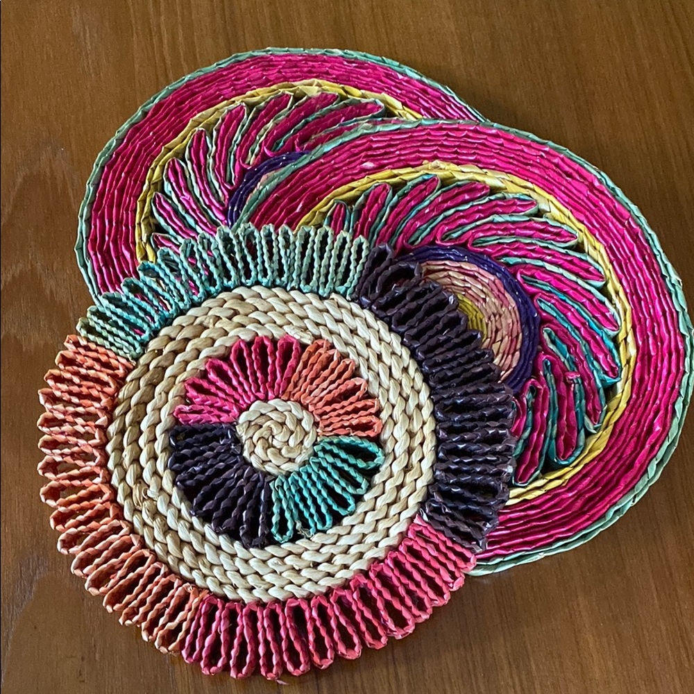 Vintage Colorful Straw Trivets Set of 3